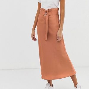 Asos DESIGN bias cut satin slip midi skirt with paper bag waist